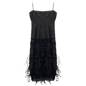 CHANEL BLACK BEAD AND FEATHER EMBELLISHED MESH TULLE COCKTAIL DRESS